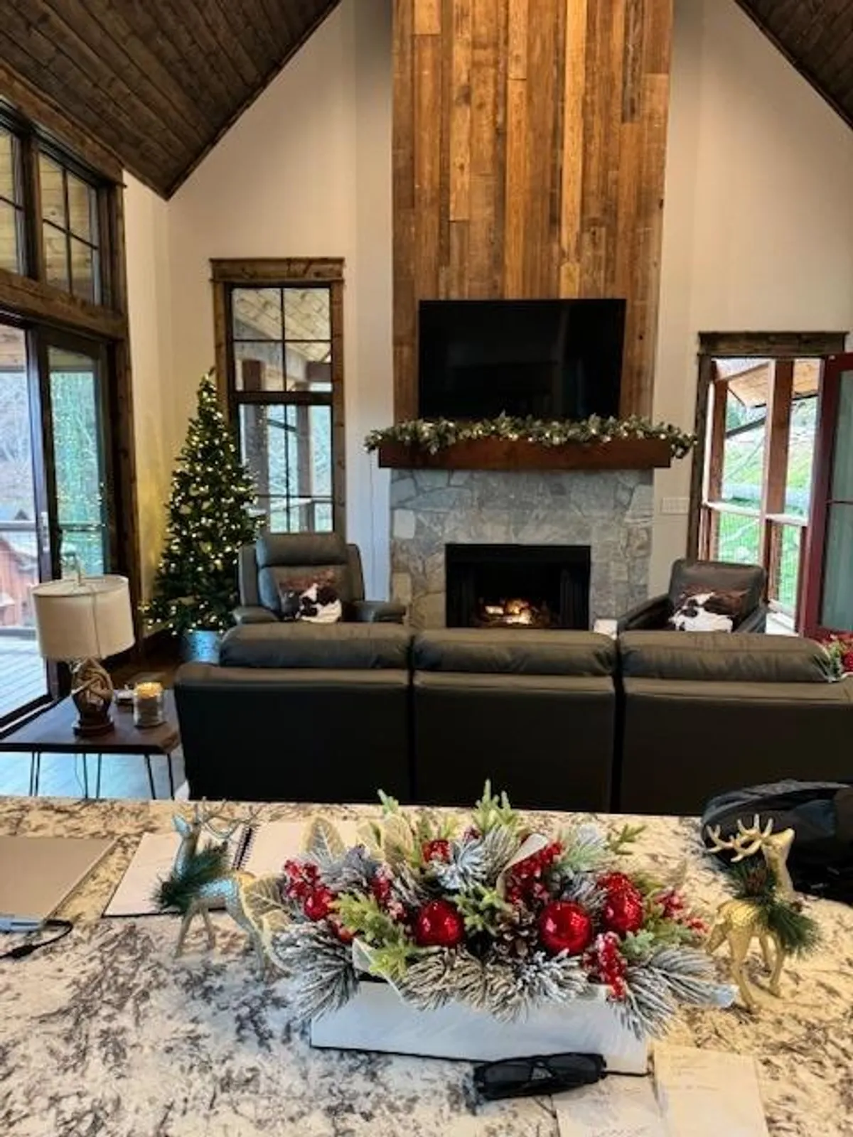 This image features a cozy interior scene centered around an inviting fireplace, with large windows that showcase the outdoors and fill the space with natural light. The festive decor and Christmas tree create a welcoming atmosphere, while the arrangement suggests a space perfect for gathering and storytelling after adventurous outdoor activities.