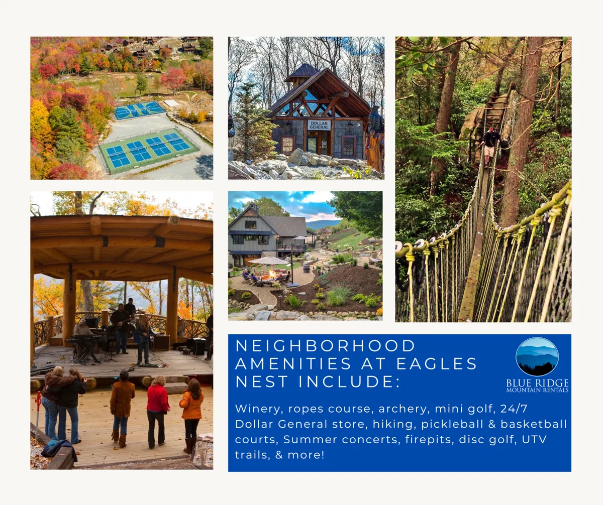 A vibrant outdoor scene showing the Eagles Nest community's central amenities: an open-air amphitheater with seating for live concerts, a ropes course weaving through the trees, a nearby mini-golf course, and visible sports courts. The area is surrounded by lush greenery and hiking trails, evoking energy and adventure. Families and groups are seen enjoying the various activities, creating a lively, festive mood.